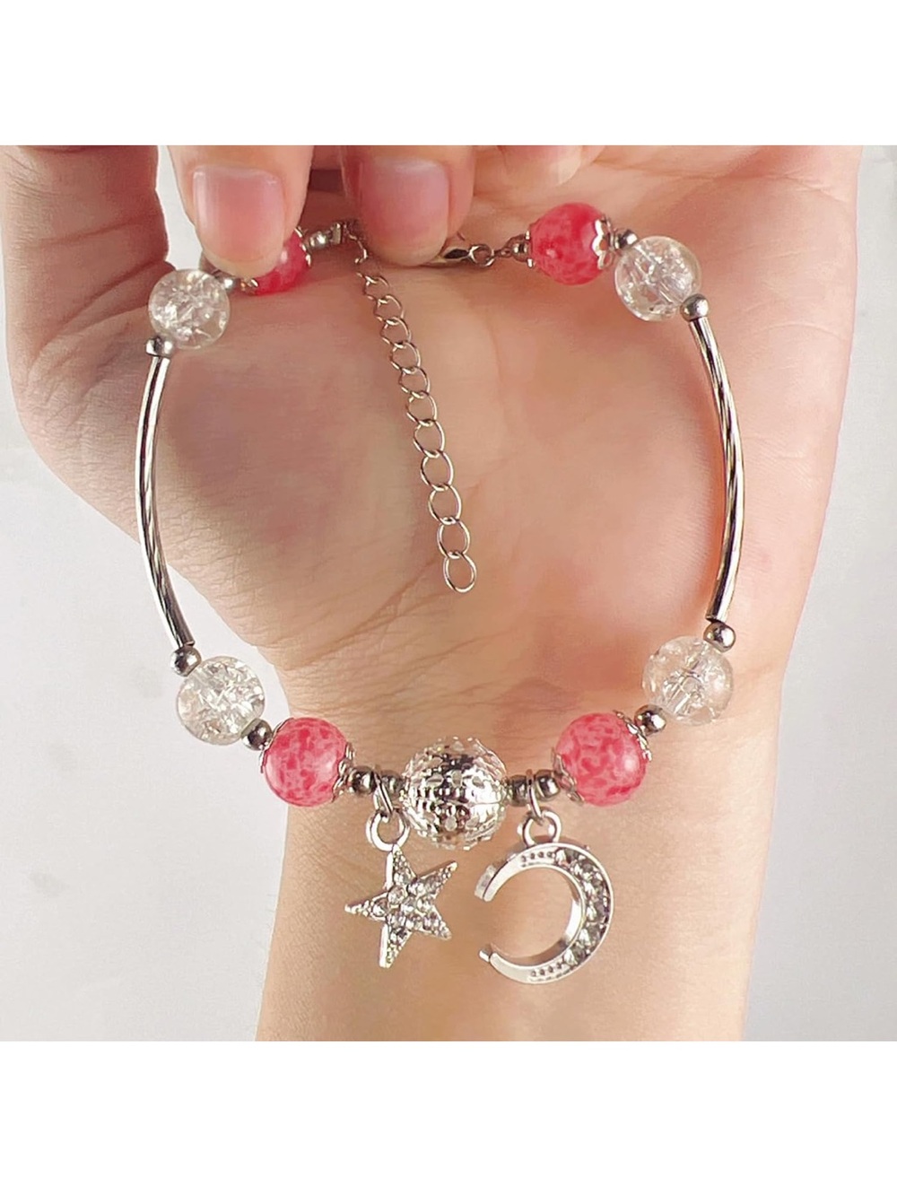 Pink Beaded Crescent & Star Charm Bracelet for Women N46